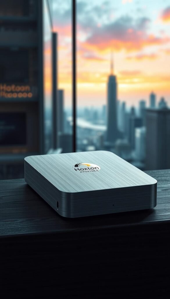 A modern and sleek Mag Box IPTV device, with a premium brushed aluminum chassis, resting on a dark wooden surface. The device features clean lines, minimal branding, and a discreet LED indicator. Soft, directional lighting highlights the textured surface, creating subtle shadows and highlights. In the background, a blurred cityscape with skyscrapers and a vibrant sky, suggesting a modern, urban setting. The Hoxtoon Provider logo is subtly visible on the device, showcasing its integration with the premier IPTV service.