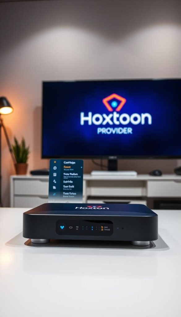 A modern and sleek Mag Box device prominently displayed in the foreground, showcasing its advanced IPTV configuration options. The Mag Box is positioned on a minimalist desk, surrounded by a clean and professional workspace. Intricate user interface elements are visible on the device's screen, highlighting the configuration menus and settings. In the background, a large monitor displays the Hoxtoon Provider logo, emphasizing the integration with this premier IPTV service. Soft, directional lighting illuminates the scene, creating a sense of sophistication and technological prowess. The overall composition conveys the advanced capabilities of the Mag Box IPTV configuration, designed to enable seamless access to the Hoxtoon Provider's premium content.