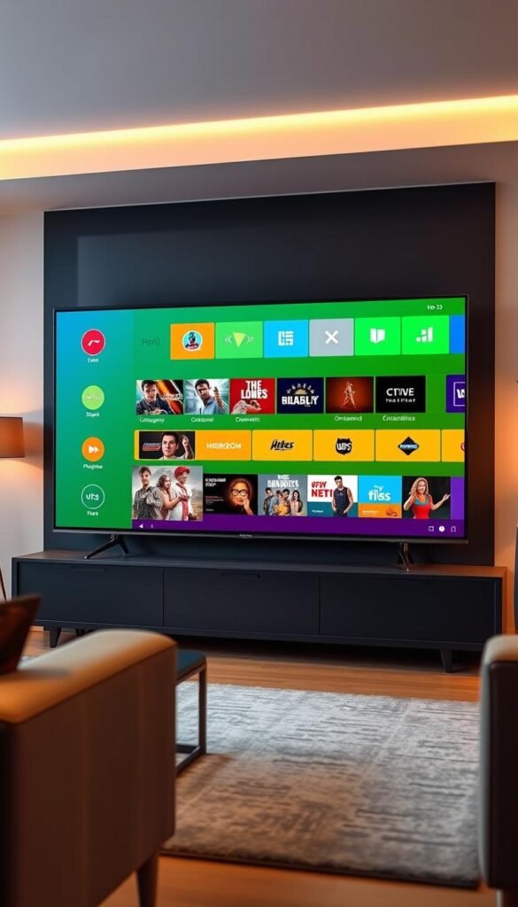 A modern and sleek SMART TV displaying the Hoxtoon Provider IPTV service interface. The TV screen shows a clean, minimalist design with vibrant colors and high-resolution graphics. The interface features popular entertainment categories, on-demand content, and live TV channels. The TV is set against a stylish, contemporary living room backdrop with modern furniture and warm lighting, creating a cozy and immersive viewing experience. The overall scene conveys the ease and convenience of accessing a premium IPTV service on a smart TV.