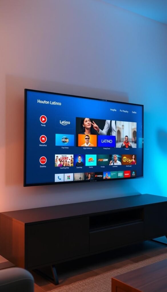 A modern and sleek Smart TV display showcasing the Hoxtoon Provider IPTV service interface. The screen depicts a seamless, user-friendly layout with a clean, minimal design. Icons and menu options are neatly organized, allowing for easy navigation. Vibrant, high-definition video thumbnails of popular Latino channels are prominently featured, enticing the viewer. Subtle ambient lighting casts a warm, inviting glow. The overall scene conveys a premium, cutting-edge IPTV experience that elevates home entertainment.