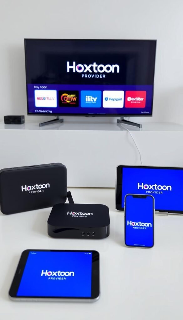 A modern and sleek arrangement of various IPTV devices, including a smart TV, streaming box, smartphone, and tablet, all prominently displaying the Hoxtoon Provider logo. The devices are arranged in a visually appealing manner, showcasing their compatibility and the ease of accessing the Hoxtoon streaming service across multiple platforms. The scene is well-lit, with a clean and minimalist background that allows the devices to take center stage. The overall atmosphere conveys a sense of technology, convenience, and the versatility of the Hoxtoon IPTV solution.