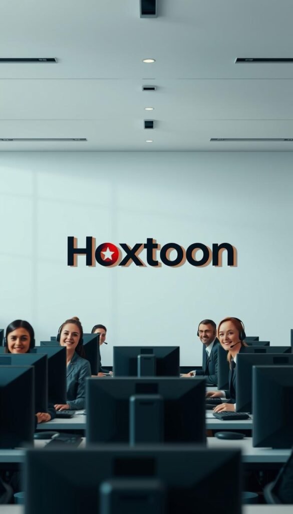 A modern and sleek customer support center for the Hoxtoon Provider IPTV service. The foreground features a team of friendly, attentive customer service representatives, each with a headset and workstation, ready to assist clients. The middle ground showcases the Hoxtoon logo and branding prominently displayed, conveying the company's professionalism and commitment to its customers. The background depicts a minimalist office environment with large windows allowing natural light to flood the space, creating a warm and welcoming atmosphere. The lighting is soft and diffused, complementing the soothing color palette of blues and grays. The overall scene radiates a sense of efficiency, reliability, and a dedication to providing top-notch support for Hoxtoon's valued IPTV subscribers.