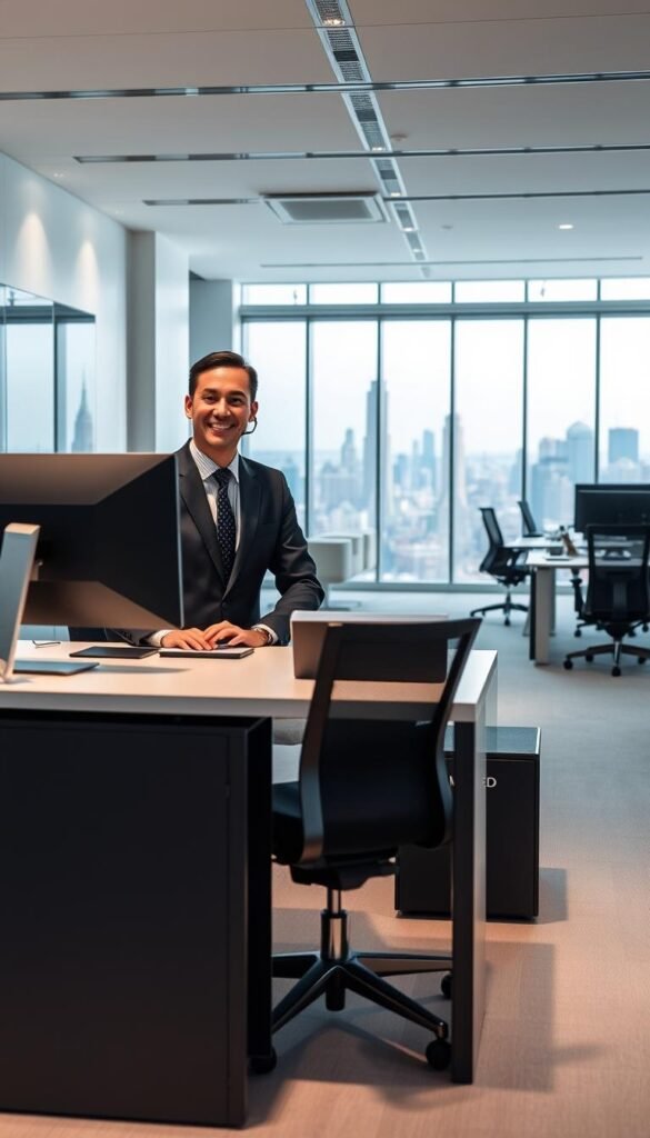 A modern and sleek customer support center for the Hoxtoon Provider brand. The foreground features a desk with a professional customer service agent dressed in a sharp suit, smiling warmly and assisting a customer on a high-resolution monitor. The middle ground showcases a minimalist, well-lit open-concept office space with ergonomic workstations and cutting-edge technology. The background depicts a panoramic view of a vibrant city skyline through large, floor-to-ceiling windows, conveying a sense of sophistication and a commitment to excellence. The overall atmosphere is one of efficiency, responsiveness, and a relentless focus on delivering an exceptional customer experience.
