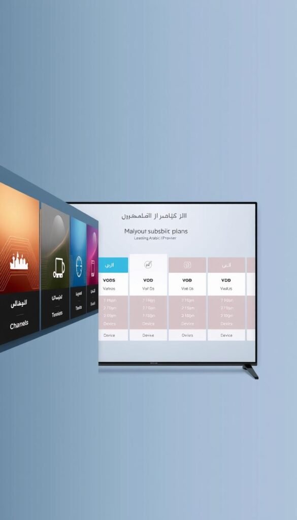 A modern and sleek digital display showcasing the comprehensive subscription plans offered by Hoxtoon Provider, the leading Arabic IPTV service. In the foreground, a series of elegant tiles highlight the various plan options, each with a distinct color scheme and meticulously crafted iconography. The middle ground features a clean, minimalist layout with a focus on the plan details, including the number of VODs, channels, and device connections. The background employs a subtle gradient in shades of blue and gray, creating a sense of depth and sophistication. The overall composition conveys a premium, user-friendly experience, inviting viewers to explore the tailored solutions for every budget.