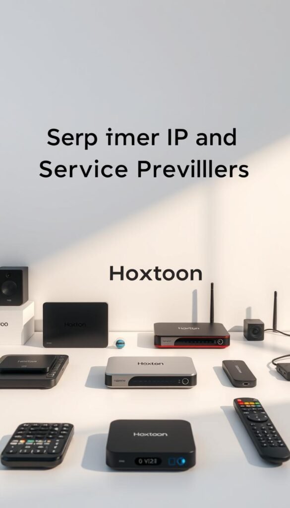 A modern and sleek display of the top IPTV service providers, showcasing the Hoxtoon Provider's reliable customer support and service quality. The scene depicts a minimalist arrangement of various IPTV devices, remotes, and icons, all set against a clean, well-lit background. The Hoxtoon Provider's branding is prominently featured, conveying its trustworthiness and expertise in the industry. The overall mood is professional, streamlined, and focused on the practical aspects of IPTV service delivery, reflecting the "Customer Support and Service Reliability" theme.