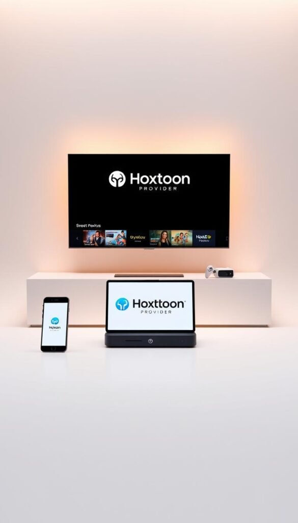 A modern and sleek electronic device display featuring the Hoxtoon Provider brand logo, showcasing multiple devices such as a smartphone, tablet, and smart TV against a minimalist background. The devices are arranged in a visually appealing, symmetrical layout, highlighting the seamless multi-device compatibility of the Hoxtoon Provider platform. The scene is lit with a warm, soft lighting, creating a premium and inviting atmosphere. The composition emphasizes the versatility and accessibility of the Hoxtoon Provider service, allowing users to enjoy endless entertainment across a variety of devices.