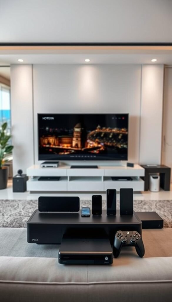 A modern and sleek entertainment system, featuring the Hoxtoon Provider IPTV service. In the foreground, a stylish smart TV and various compatible devices like smartphones, tablets, and gaming consoles are artfully arranged, showcasing the multi-device compatibility. The middle ground features a minimalist interior design with clean lines and neutral tones, creating a sophisticated and inviting atmosphere. The background subtly hints at the endless entertainment options available, with a soft, out-of-focus cityscape or landscape visible through the windows. Soft, directional lighting illuminates the scene, emphasizing the high-tech and premium nature of the Hoxtoon Provider IPTV experience.