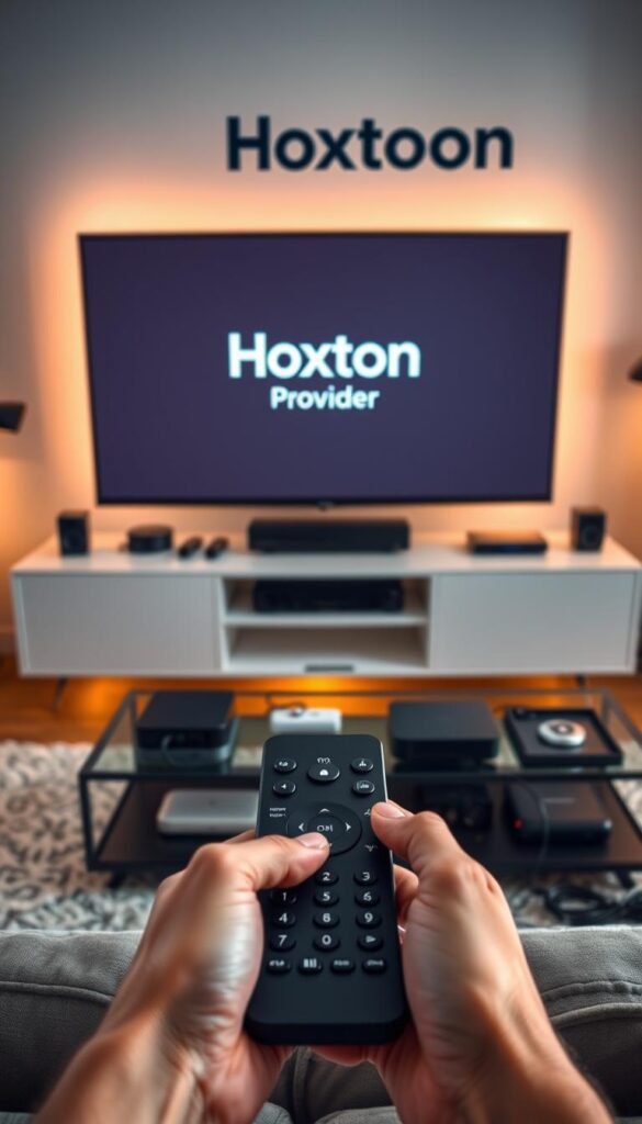 A modern and sleek home entertainment setup, featuring a large widescreen TV displaying the Hoxtoon Provider logo. In the foreground, a user's hands are interacting with a minimalist and intuitive remote control, optimizing their streaming experience. The middle ground showcases various streaming devices, cables, and peripherals neatly organized and integrated into the setup. The background depicts a cozy living room with warm, indirect lighting, creating a relaxing and immersive atmosphere for enjoying Hoxtoon's content.