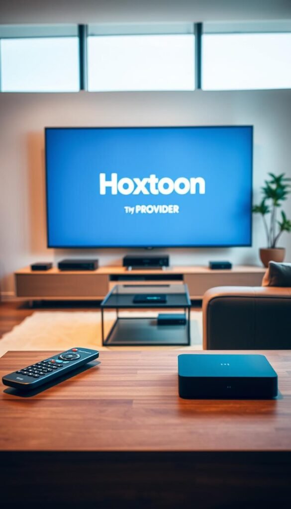A modern and sleek home entertainment setup with a large TV screen displaying the Hoxtoon Provider logo. The living room is bathed in warm, soft lighting creating a cozy and inviting atmosphere. In the foreground, an elegant remote control and a high-end streaming device sit on a minimalist wooden coffee table. The middle ground features carefully arranged home electronics and peripherals, all seamlessly integrated to optimize the Hoxtoon IPTV experience. The background showcases a spacious, well-designed room with large windows allowing natural light to filter in, complementing the overall aesthetic. The image conveys a sense of sophistication, technological prowess, and the perfect balance between form and function.