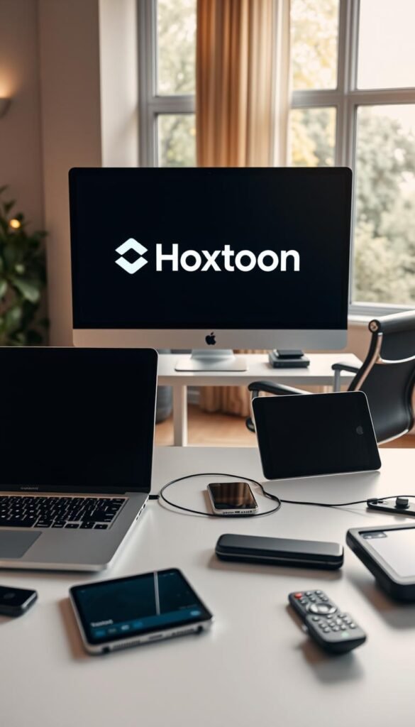 A modern and sleek home office setup with a Hoxtoon Provider logo prominently displayed on the central computer screen. In the foreground, an array of various devices - a laptop, a tablet, a smartphone, and a smart TV remote - all connected and in use, showcasing the multi-device compatibility of the Hoxtoon platform. The middle ground features a minimalist desk with clean lines, a comfortable office chair, and subtle accent lighting. The background depicts a warm, natural environment with large windows, allowing natural light to flood the space. The overall atmosphere conveys a sense of productivity, connectivity, and the seamless integration of technology into everyday life.