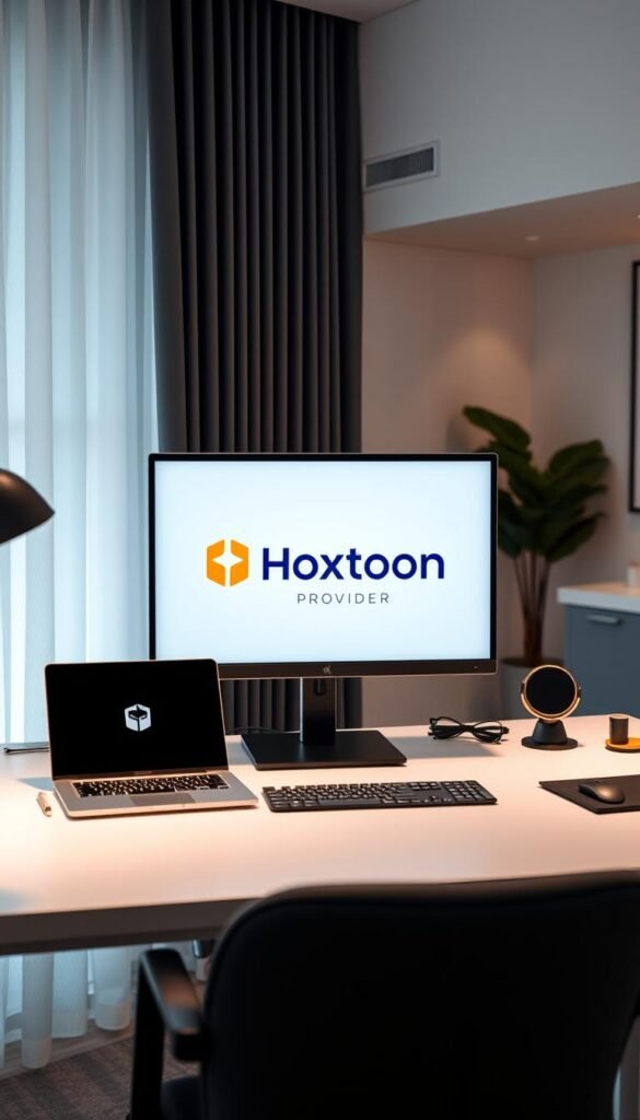 A modern and sleek home office setup with the Hoxtoon Provider logo prominently displayed on a high-resolution monitor. The desk is clean and minimalist, with a laptop, mouse, and other essential peripherals neatly arranged. Soft, diffused lighting illuminates the scene, creating a warm and productive atmosphere. The background features a stylish, contemporary interior design with neutral tones and subtle accents, complementing the overall aesthetic. The image conveys a sense of professionalism and the effortless integration of the Hoxtoon Provider into a sophisticated digital workspace.