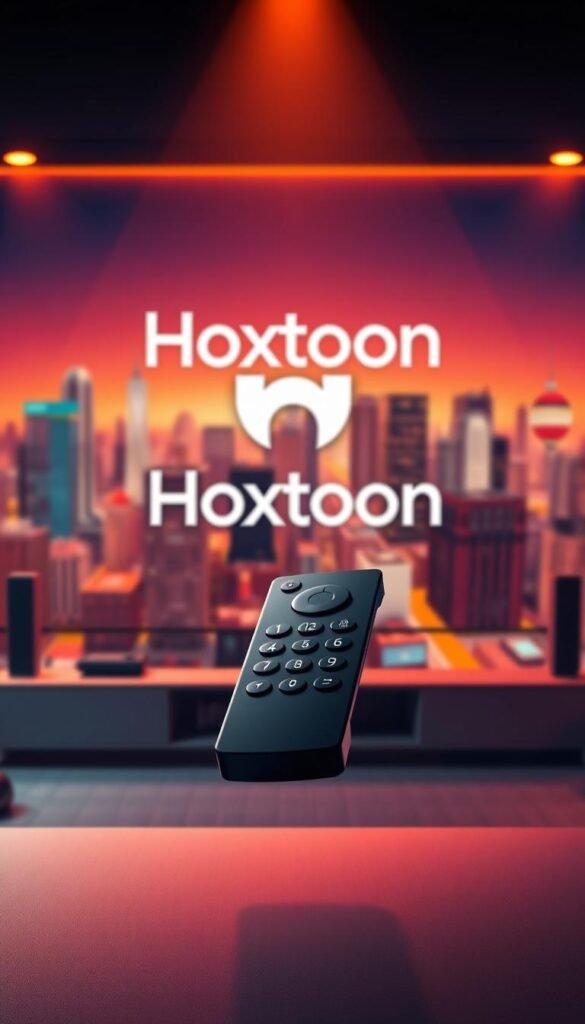 A modern and sleek illustration showcasing the "Hoxtoon Provider" brand. In the foreground, a stylized IPTV remote control hovers, its minimalist design emanating a premium feel. The middle ground features the Hoxtoon logo, prominently displayed with a sense of authority and refinement. The background depicts a vibrant, futuristic cityscape, hinting at the expansive content and device compatibility offered by the Hoxtoon IPTV service. Warm lighting casts a inviting glow, conveying a sense of comfort and entertainment. The composition is balanced, the colors are rich and vibrant, and the overall mood is one of sophistication and technological prowess.