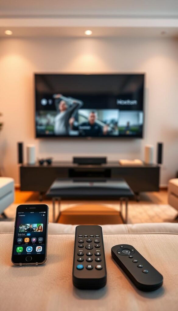 A modern and sleek living room with a large flat-screen TV mounted on the wall. In the foreground, multiple devices including a smartphone, tablet, and remote control are neatly arranged, showcasing the "Hoxtoon Provider" multidevice support. The room is bathed in warm, soft lighting, creating a cozy and inviting atmosphere. The devices are positioned to suggest seamless integration and ease of use across various platforms. The background features minimalist decor, emphasizing the focus on the technology. The composition is balanced, with the devices taking center stage, highlighting the key feature of the "Hoxtoon Provider" service.