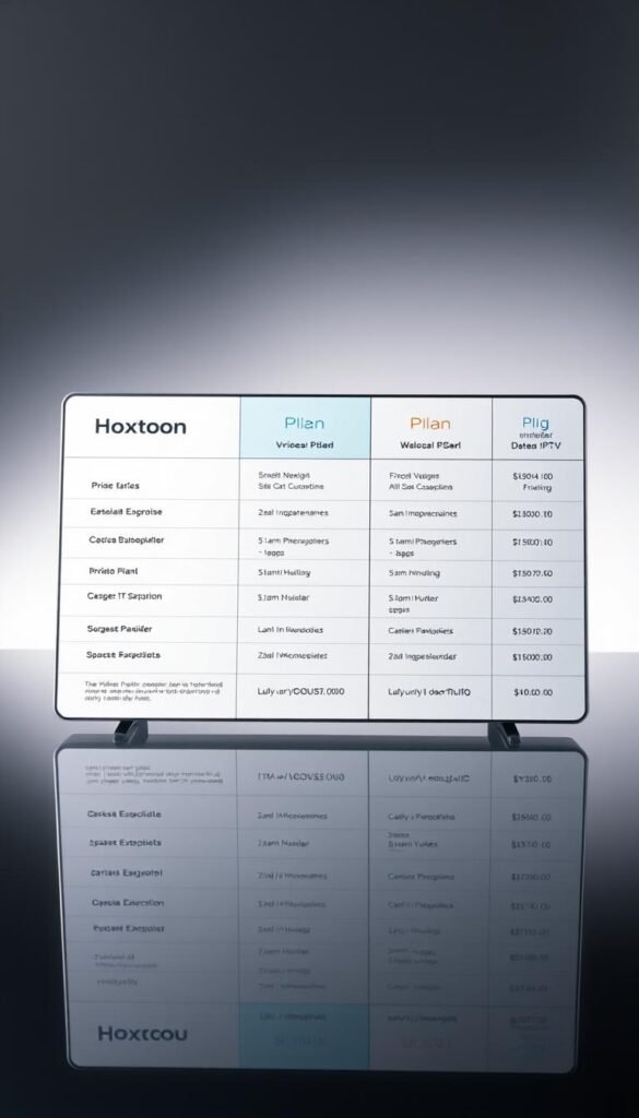 A modern and sleek pricing table for the Hoxtoon IPTV provider's subscription plans, showcased on a glossy, reflective surface. The table features clean typography, concise plan details, and clear pricing information. The background is a subtle gradient, adding depth and dimension. Soft, directional lighting highlights the table's edges, creating a high-quality, professional appearance. The overall mood is one of simplicity, clarity, and trust, reflecting the reliability of the Hoxtoon IPTV service.