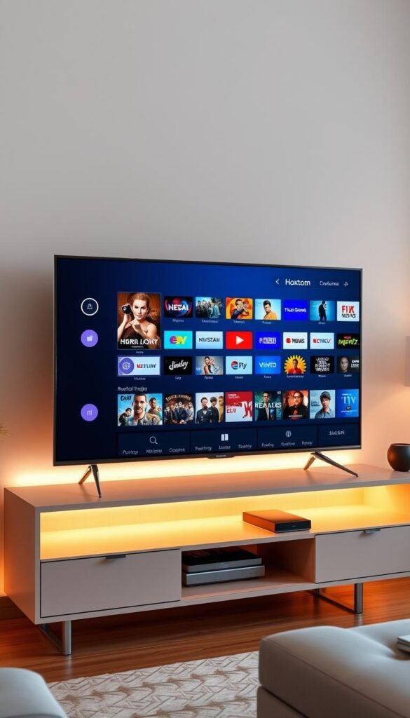 A modern and sleek smart TV displaying the Hoxtoon Provider interface, showcasing its intuitive multi-device support. The screen displays a wide array of live TV channels and on-demand content, bathed in a soft, warm lighting that creates a cozy, living room atmosphere. The TV is positioned on a minimalist entertainment center, with clean lines and natural wood accents. The overall scene conveys a sense of effortless connectivity and entertainment, inviting the viewer to imagine themselves enjoying Hoxtoon's expansive library of 21K+ channels and 150K+ VODs on their favorite devices.