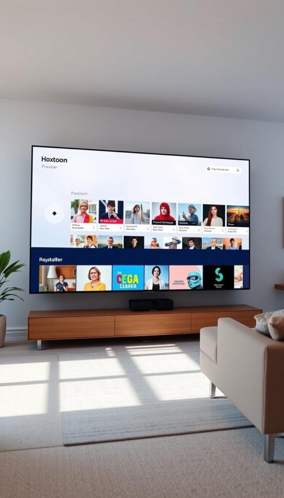 A modern and sleek streaming service interface for Hoxtoon Provider, showcasing a clean and intuitive design. The interface is displayed on a large, high-resolution display, with a minimalist layout that emphasizes the content. The background is a subtle gradient, complementing the Hoxtoon branding. The foreground features a variety of content thumbnails, each with a clear and eye-catching visual. The overall scene is well-lit, with a soft, natural lighting that creates a warm and inviting atmosphere. The camera angle is slightly elevated, providing a panoramic view of the interface, conveying a sense of authority and professionalism.