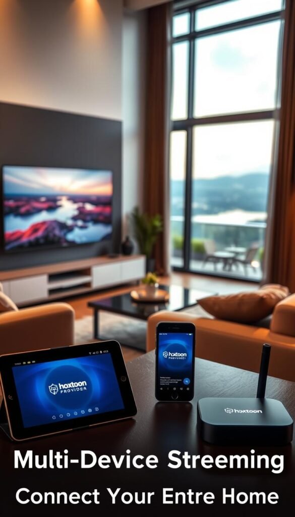 A modern and sophisticated living room, bathed in warm, soft lighting, with a large TV screen prominently displayed. In the foreground, various smart devices are seamlessly connected, including a tablet, a smartphone, and a streaming box, all displaying the Hoxtoon Provider brand. The middle ground features a comfortable sofa and a coffee table, creating a cozy and inviting atmosphere. In the background, large windows offer a scenic view, blending the indoor and outdoor spaces. The overall scene conveys a sense of effortless multi-device streaming, where technology and comfort coexist harmoniously, reflecting the "Multi-Device Streaming: Connect Your Entire Home" section of the article.