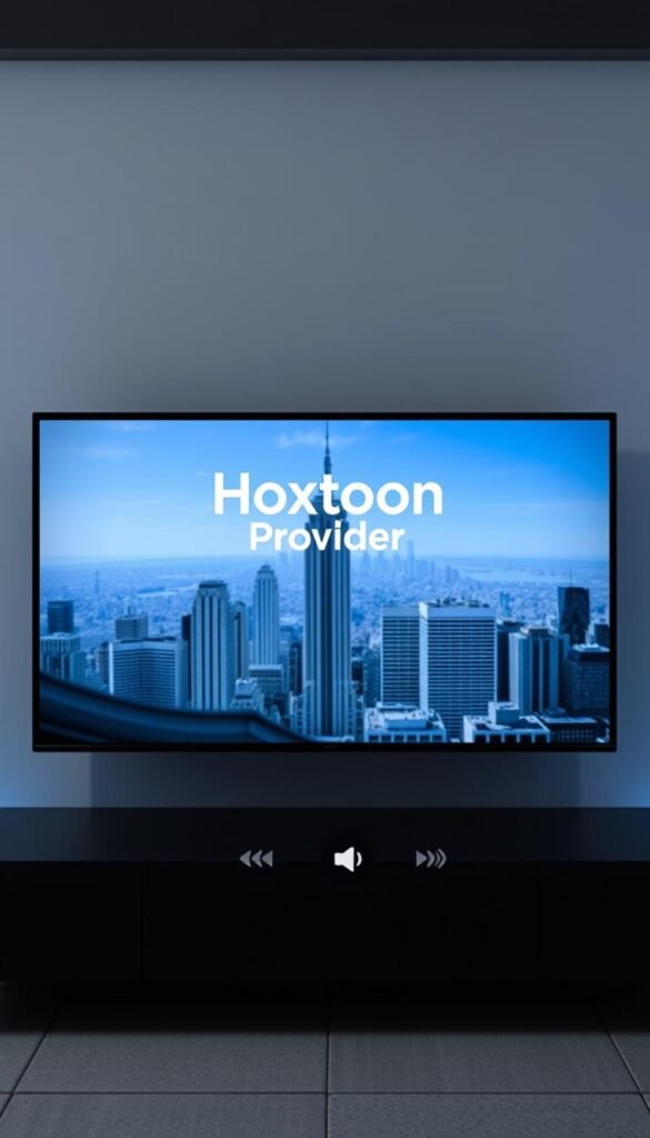 A modern and user-friendly OTT IPTV solution interface, showcasing the Hoxtoon Provider brand prominently displayed in the center. The foreground features a minimalist, responsive design with clean lines, intuitive navigation menus, and customizable content tiles. The middle ground depicts a sleek, high-definition video player with seamless playback controls. In the background, a subtle cityscape or abstract pattern creates a sense of depth and sophistication. The overall atmosphere conveys a premium, cutting-edge experience for the discerning OTT viewer.