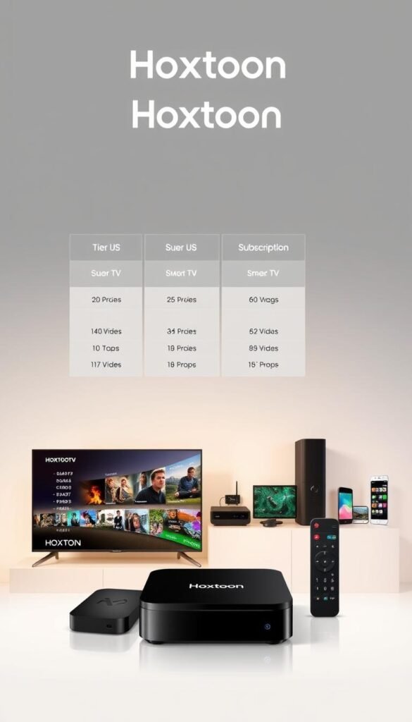 A modern and visually appealing image showcasing the subscription plans of the Hoxtoon IPTV provider. The foreground features a clean, minimalist display of the different tiers and pricing options, presented against a subtly patterned background that evokes a sense of entertainment and technology. The middle ground showcases a variety of streaming devices, including smart TVs, set-top boxes, and mobile devices, highlighting the versatility of the Hoxtoon platform. The background incorporates a soft, diffused lighting that creates a warm and inviting atmosphere, complementing the overall sleek and professional design of the image. The Hoxtoon logo is prominently displayed, firmly establishing the brand identity.