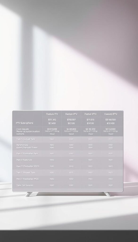 A modern and visually appealing presentation of Hoxtoon Provider's IPTV pricing plans. The foreground features a sleek and minimal table layout showcasing the various subscription tiers, their features, and pricing. The table is rendered in a clean, neutral color palette with subtle highlights to draw the eye. The background is a soft, blurred gradient in soothing hues, creating a sense of depth and professionalism. The lighting is soft and natural, casting gentle shadows to accentuate the details. The overall composition is well-balanced, with ample whitespace to make the information easy to digest. The tone is informative yet visually captivating, reflecting Hoxtoon Provider's commitment to flexible and affordable IPTV solutions.