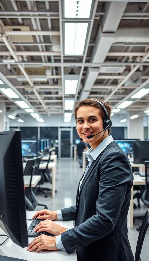 A modern and well-equipped customer support center for the Hoxtoon Provider IPTV service. The foreground features a friendly customer service representative in a professional attire, assisting a customer via headset and computer. The middle ground showcases a minimalist, open-concept workspace with desks, monitors, and ergonomic chairs. The background depicts sleek, high-tech infrastructure, conveying a sense of reliability and technological sophistication. The lighting is bright and balanced, creating a welcoming and efficient atmosphere. The overall scene emphasizes the Hoxtoon Provider's commitment to delivering exceptional customer support and reliable IPTV service.