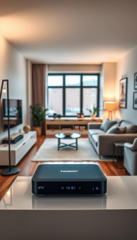 A modern apartment interior with a cozy living room setup. In the foreground, a stylish TV stand displays a sleek, high-definition Hoxtoon Provider IPTV set-top box, showcasing its intuitive interface and vast content library. Ambient lighting from floor lamps and a large window creates a warm, inviting atmosphere. In the middle ground, a comfortable sofa and armchair invite viewers to relax and enjoy their favorite shows and movies from any device, anywhere. The background features minimalist decor, neutral-toned walls, and hardwood flooring, creating a harmonious and contemporary setting for the IPTV experience.