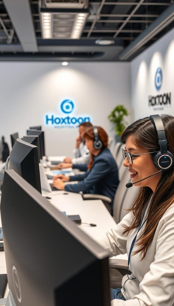 A modern call center interior with a team of friendly Hoxtoon IPTV customer service representatives assisting clients. The scene depicts a well-lit, open-concept office space with ergonomic workstations, sleek desktop computers, and discreet headsets. In the foreground, a customer service agent is engaged in a constructive dialogue, conveying Hoxtoon's commitment to reliability and responsiveness. The middle ground showcases additional agents providing guidance and troubleshooting, creating an atmosphere of professionalism and efficiency. The background features the Hoxtoon provider's branding and logo, reinforcing the brand's identity and trustworthiness.