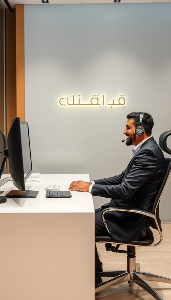 A modern call center with a warm, inviting atmosphere. The Hoxtoon Provider customer support representative sits at a sleek, minimalist desk, dressed in a crisp, professional outfit. They lean forward, engaged in a friendly, attentive conversation with an Arabic-speaking customer, their expression exuding a genuine desire to assist. The background features a subtle, geometric pattern in muted tones, complementing the overall design aesthetic. Soft, diffused lighting illuminates the scene, creating a sense of comfort and approachability. The image conveys Hoxtoon Provider's commitment to exceptional customer service and support for its Arabic-speaking audience.