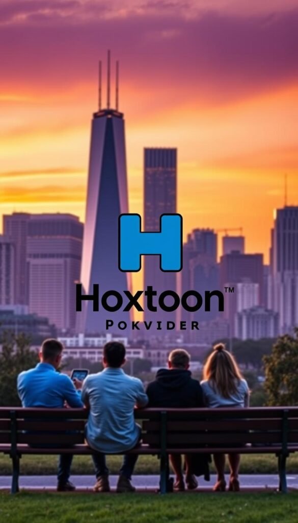 A modern city skyline at dusk, with the silhouettes of skyscrapers against an orange and purple sky. In the foreground, a group of people sitting on a park bench, using various devices to access streaming services. The Hoxtoon Provider logo is prominently displayed, representing a free, legal IPTV service in the USA. The scene conveys a sense of convenience and accessibility, with the cityscape and technology-savvy users suggesting the availability of diverse entertainment options.
