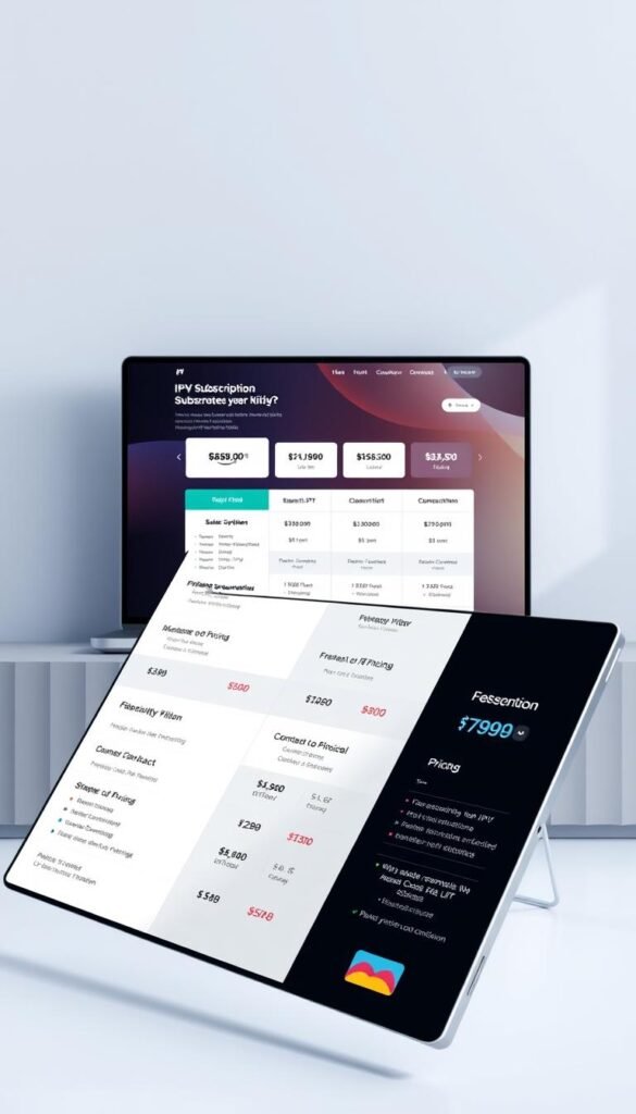 A modern, clean and professional-looking image of a variety of IPTV subscription pricing options from the Hoxtoon Provider. The foreground features a grid layout displaying different subscription tiers, including details like pricing, channel counts, and contract lengths. The middle ground showcases a laptop or tablet displaying the Hoxtoon Provider website, highlighting the user-friendly interface and intuitive navigation. The background features a subtle gradient or geometric pattern in a calming color palette, complementing the overall sleek and sophisticated aesthetic. The lighting is soft and indirect, creating depth and emphasizing the clarity of the displayed information. The camera angle is slightly elevated to provide an inviting and accessible perspective.