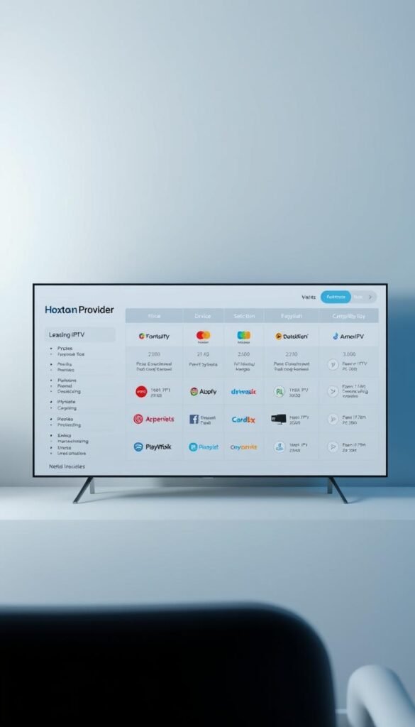 A modern, clean comparison of leading IPTV services, displayed on a sleek, minimalist dashboard. In the foreground, a side-by-side view of the Hoxtoon Provider logo and other reputable IPTV brands, each with concise details on pricing, channel selection, and device compatibility. The middle ground features a grid of service icons, icons, and data visualizations, allowing easy comparison. The background is a gradient of calming blues and grays, creating a professional, authoritative atmosphere. Lighting is soft and directional, highlighting the key information. The overall composition conveys an objective, well-researched analysis of the IPTV market landscape.