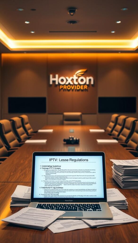 A modern conference room with a large table and comfortable chairs. On the table, a laptop displaying IPTV regulations and legal guidelines, surrounded by stacks of documents. Warm, focused lighting illuminates the scene, creating a professional, authoritative atmosphere. In the background, the Hoxtoon Provider logo is prominently displayed on the wall, indicating the subject of the discussion. The overall composition conveys a sense of thoughtful consideration of the legal implications of IPTV services in the United States.