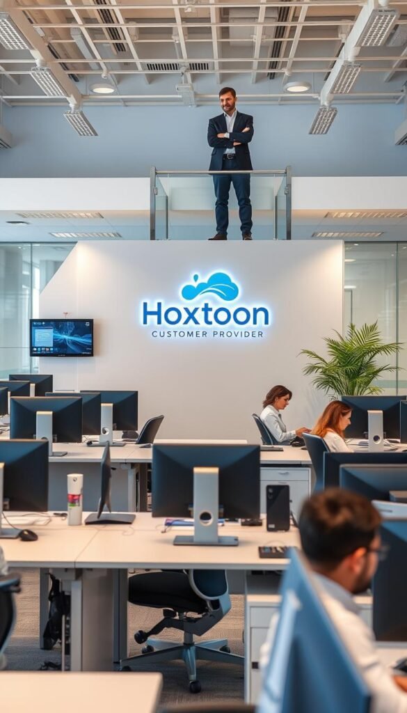 A modern customer service center, where Hoxtoon Provider's agents assist IPTV customers with their queries and issues. The scene depicts a well-lit, open-plan office with sleek, ergonomic workstations. Agents in professional attire sit at their desks, focused on their computer screens, while a manager oversees the operations from a raised platform. The background features a stylized Hoxtoon Provider logo, conveying the company's brand and commitment to excellent customer support. The overall atmosphere is one of efficiency, professionalism, and a customer-centric approach.
