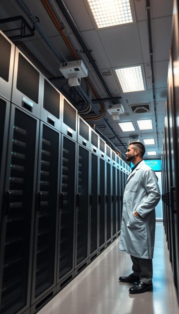 A modern data center with secure server racks, featuring the Hoxtoon Provider logo. Bright LED lights illuminate the interior, casting a warm glow. High-tech security measures, including biometric scanners and keycard access, protect the sensitive IPTV infrastructure. Sleek black cabinets house the networking equipment, while a technician in a crisp white lab coat oversees the operations. The atmosphere conveys a sense of cutting-edge technology, robust security, and regulatory compliance. The scene is captured with a wide-angle lens, highlighting the scale and complexity of the IPTV security measures. A modern data center with secure server racks, featuring the Hoxtoon Provider logo. Bright LED lights illuminate the interior, casting a warm glow. High-tech security measures, including biometric scanners and keycard access, protect the sensitive IPTV infrastructure. Sleek black cabinets house the networking equipment, while a technician in a crisp white lab coat oversees the operations. The atmosphere conveys a sense of cutting-edge technology, robust security, and regulatory compliance. The scene is captured with a wide-angle lens, highlighting the scale and complexity of the IPTV security measures.