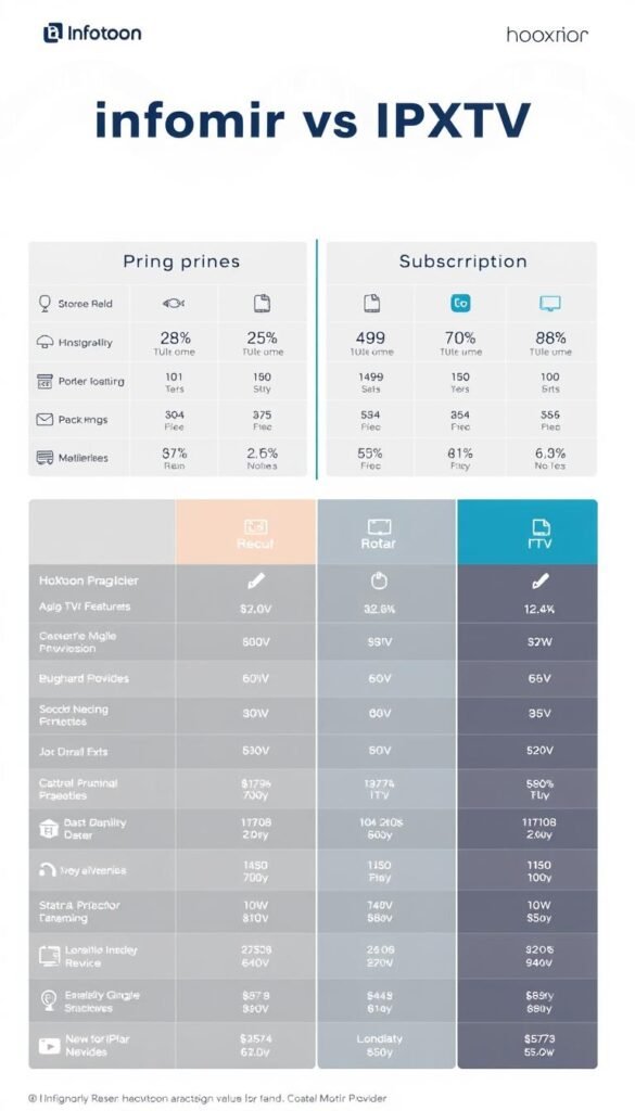 A modern, data-driven infographic comparing the pricing and subscription plans of Infomir IPTV and the Hoxtoon Provider. A clean, minimalist design with detailed charts, graphs, and icons showcasing the key features and cost breakdowns of each service. The overall atmosphere is one of clarity and professionalism, allowing the viewer to easily understand the value proposition of Hoxtoon Provider in relation to traditional IPTV offerings. Neutral lighting, high-resolution, and a sleek, high-tech aesthetic.