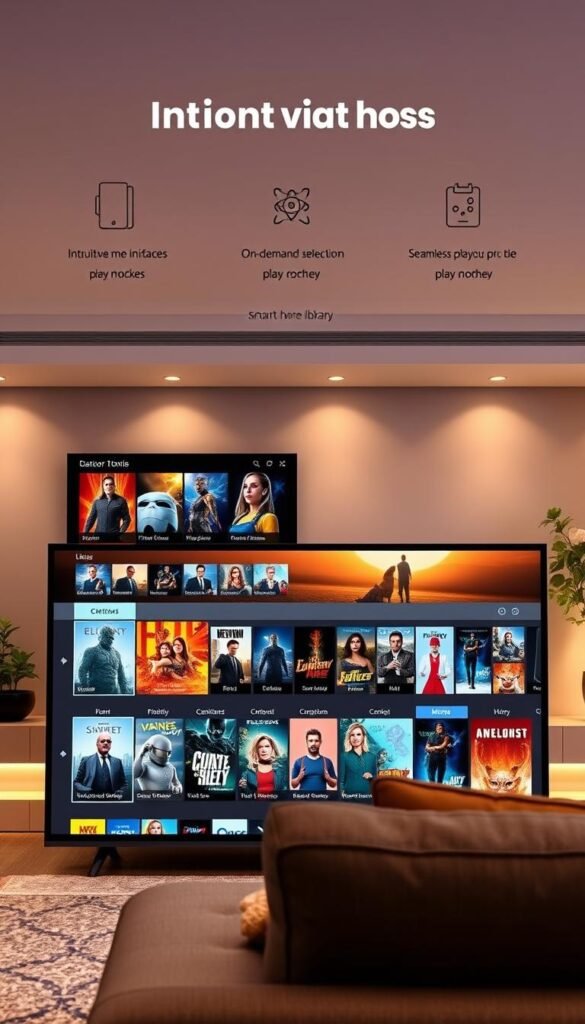 A modern digital living room with a large, high-definition TV screen displaying the key features of a Hoxtoon Provider IPTV catch up service. The foreground showcases intuitive menu interfaces, on-demand content selections, and seamless playback controls. The middle ground features an array of popular TV shows and movies, indicating the breadth of the Hoxtoon catch up library. The background setting is a warm, cozy environment with subtle lighting and hints of smart home integration, conveying the convenience and immersion of the IPTV experience. The overall tone is sleek, contemporary, and tailored to the needs of the discerning US consumer.
