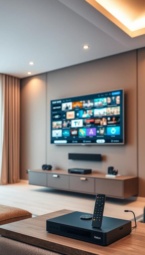 A modern, high-quality living room interior with a large flatscreen TV displaying a diverse IPTV streaming library. The TV is mounted on a sleek, minimalist wall unit in a muted, earthy color palette. Soft lighting from recessed ceiling fixtures and a large window creates a warm, inviting atmosphere. In the foreground, a Hoxtoon Provider device sits on a low media console, connected to the TV via HDMI. An elegant remote control rests nearby, suggesting effortless navigation of the IPTV content. The room conveys a sense of comfort and entertainment, ideal for showcasing the breadth of the Hoxtoon IPTV streaming library.