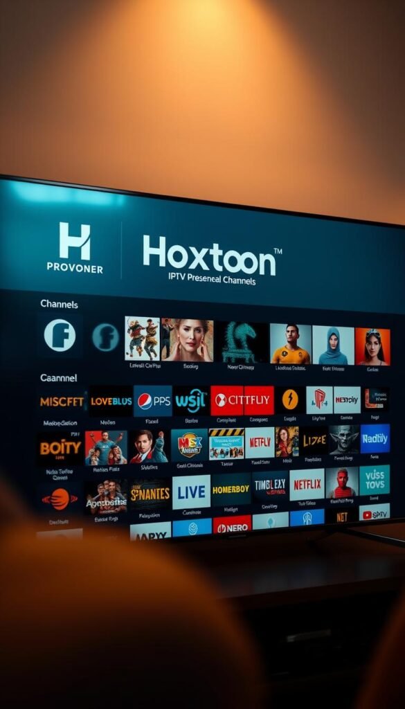 A modern, high-quality smart TV interface displaying a vast array of IPTV channels, ranging from popular entertainment to niche international offerings. The screen is dominated by the Hoxtoon Provider logo, highlighting its extensive channel selection. The user interface features clean, intuitive design with large thumbnails and category headers, allowing easy navigation. Warm lighting creates a cozy, inviting atmosphere, while subtle depth of field draws the viewer's attention to the diverse channel selection. An array of genre-specific icons and colorful channel logos are visible, hinting at the breadth of content available. The overall scene conveys a sense of a comprehensive, user-friendly IPTV service tailored for the Firestick platform.