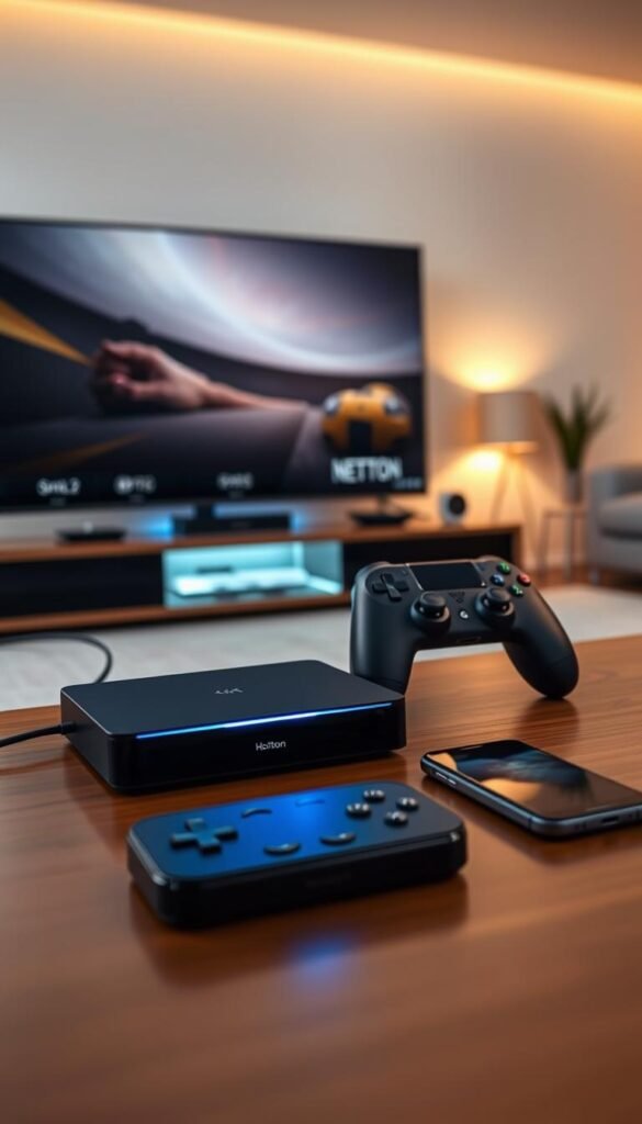 A modern, high-quality streaming setup with the Hoxtoon Provider. In the foreground, a sleek black set-top box connected to a 4K display, emitting a soft glow. In the middle ground, a wireless gaming controller and a smartphone, both showcasing Hoxtoon's multi-device support. The background features a minimalist living room setup, with warm lighting and clean lines, creating a cozy and immersive atmosphere for the ultimate streaming experience. The scene is captured with a wide-angle lens, emphasizing the technical prowess and attention to detail that define the Hoxtoon Provider.