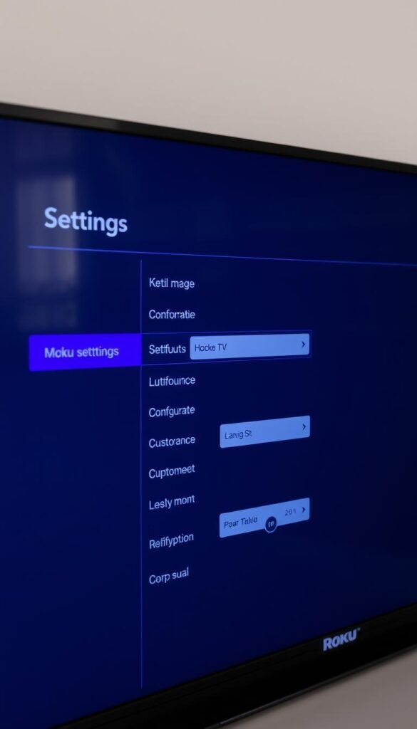 A modern, high-resolution image of the settings menu on a Roku TV, showcasing the configuration options for an IPTV service like Hoxtoon Provider. The scene is well-lit, with a clean, minimal user interface displayed on the TV screen. The background is blurred, emphasizing the foreground UI elements. The camera angle is slightly elevated, providing a clear view of the settings menu. The overall mood is calm and professional, reflecting the task of optimizing the Roku TV for the best IPTV experience.