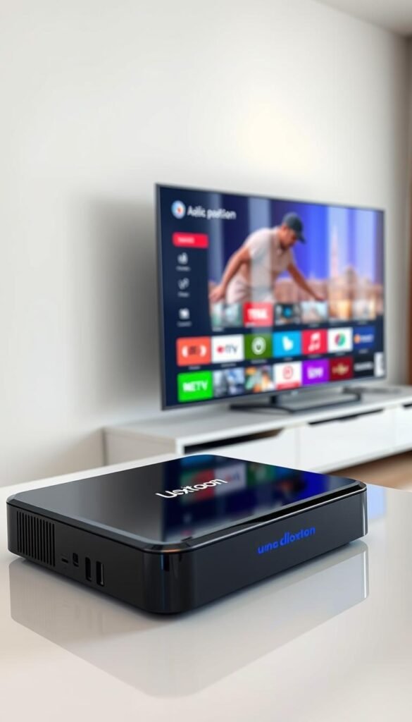 A modern, high-tech Arabic IPTV box rests prominently on a sleek, minimalist desk, its clean lines and glossy black finish reflecting the soft, even lighting of the room. The box's intuitive interface is displayed on a large, curved 4K display, showcasing Hoxtoon Provider's seamless user experience with vibrant colors and crisp, detailed graphics. The scene conveys a sense of sophistication and convenience, inviting the viewer to imagine the power and accessibility of Hoxtoon's premium IPTV service.