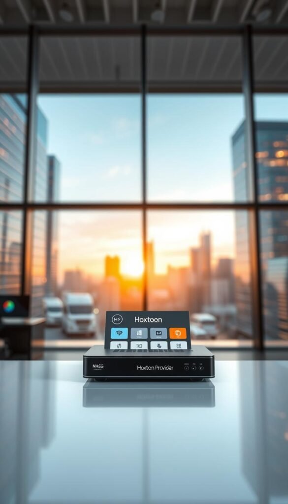 A modern, high-tech IPTV setup with a sleek Mag box in the foreground, displaying the Hoxtoon Provider interface. The box sits on a clean, minimalist desk against a backdrop of blurred, futuristic cityscapes through large windows, bathed in warm, natural lighting. The scene conveys a sense of legality, security, and professionalism, reflecting the legal considerations for IPTV services in the USA.