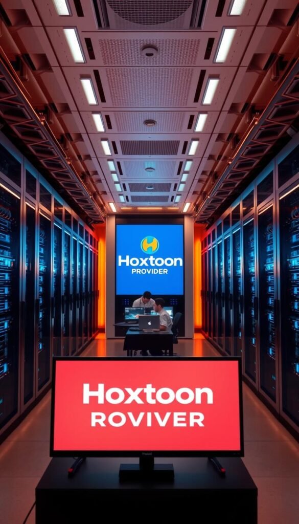 A modern, high-tech data center with rows of powerful servers and sleek, futuristic equipment. The center is bathed in a warm, inviting glow from the soft lighting, creating a sense of technological sophistication. In the foreground, a large display screen showcases the Hoxtoon Provider brand, its bold logo and vibrant colors standing out against the minimalist interior. The middle ground features technicians diligently monitoring the systems, their faces illuminated by the glow of computer screens. The background depicts a panoramic view of the expansive facility, emphasizing the scale and scope of Hoxtoon's operations. The overall atmosphere conveys a sense of reliability, efficiency, and cutting-edge technology, positioning Hoxtoon as a leading Arabic IPTV provider.