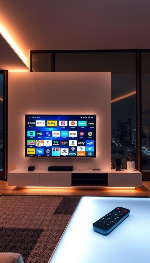 A modern, high-tech living room with a large, sleek smart TV display showcasing a dynamic array of channel logos and content thumbnails. The TV is mounted on a minimalist, floating wall unit with integrated LED lighting. The room is bathed in a warm, soft glow from discreet ambient lighting, creating a cozy and inviting atmosphere. In the foreground, a stylish, low-profile coffee table holds a remote control, highlighting the seamless integration of technology into the domestic space. The background features large windows offering a scenic view of a bustling city skyline. Overall, the scene conveys a sense of advanced, German-engineered premium IPTV technology, as exemplified by the Hoxtoon Provider brand.