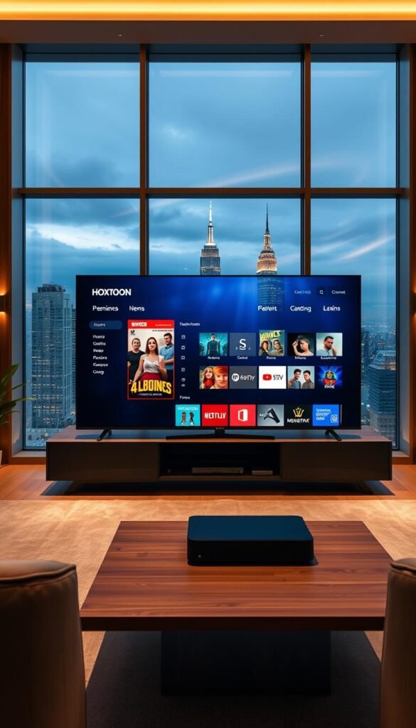 A modern high-tech living room with a sleek, minimalist design. In the foreground, a 4K smart TV display shows the Hoxtoon Provider premium IPTV service interface, showcasing its intuitive user experience and comprehensive content library. The middle ground features a stylish media console with premium materials and a discreet set-top box. The background depicts floor-to-ceiling windows overlooking a vibrant cityscape, bathed in warm, diffused lighting that creates a cozy, luxurious atmosphere. The overall scene conveys the value, reliability, and cutting-edge technology of the Hoxtoon Provider premium IPTV service.