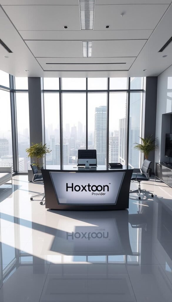 A modern, high-tech office interior with an executive desk featuring the "Hoxtoon Provider" brand prominently displayed. The desk is surrounded by sleek, minimalist furniture and large windows overlooking a cityscape. Bright, natural lighting floods the space, creating a professional and inviting atmosphere. The overall scene conveys a sense of authority, reliability, and sophisticated technology associated with a premium legal IPTV service.