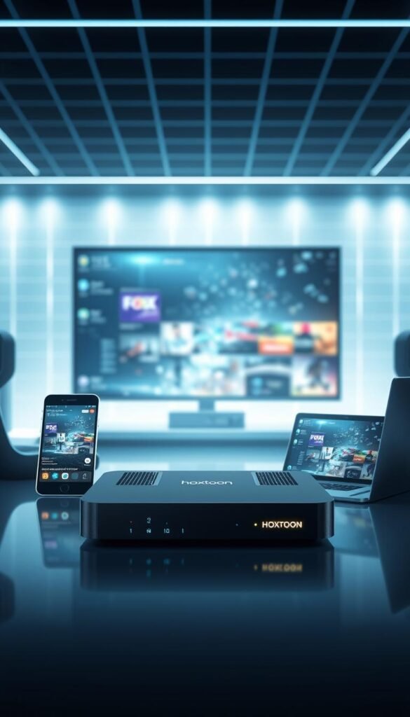 A modern, high-tech rendering of a multi-device IPTV streaming setup. In the foreground, a sleek, minimalist Hoxtoon Provider set-top box takes center stage, its elegant design and glowing indicator lights hinting at the advanced streaming capabilities within. Surrounding it, an array of contemporary devices - a smartphone, tablet, laptop, and smart TV - all connected and synchronizing seamlessly, showcasing the versatility and compatibility of the Hoxtoon streaming platform. The background is bathed in a cool, futuristic lighting scheme, with a subtle grid pattern suggesting the digital infrastructure that enables this seamless multi-device experience. The overall tone is one of modern, cutting-edge technology that empowers users to enjoy their favorite content on any device, anywhere.
