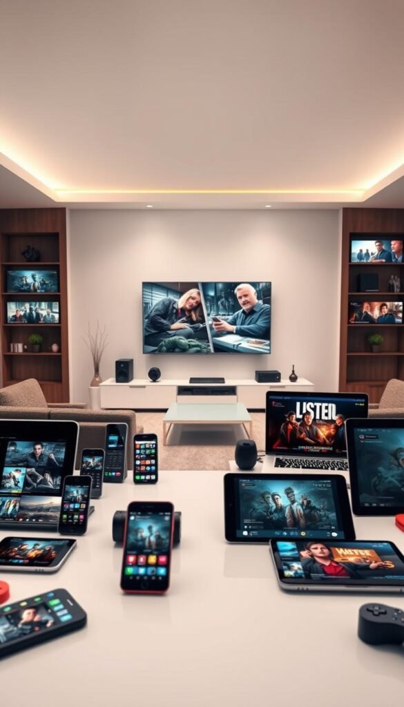 A modern, high-tech scene showcasing the Hoxtoon Provider multi-device streaming capabilities. In the foreground, an array of diverse electronic devices - smartphones, tablets, laptops, and smart TVs - all seamlessly connected and displaying various streaming content. The middle ground features a sleek, minimalist living room setting with a large, state-of-the-art television as the centerpiece. Soft, diffused lighting creates a warm, inviting atmosphere. The background subtly hints at the breadth of Hoxtoon Provider's content library, with glimpses of vivid, cinematic scenes on the devices' screens. The overall composition conveys the effortless, simultaneous streaming experience across multiple devices, highlighting Hoxtoon Provider's technological prowess and user-friendly platform.