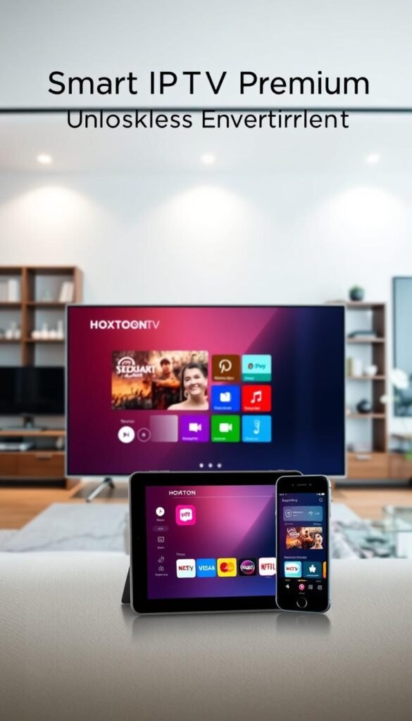 A modern, high-tech setup of the Hoxtoon Provider IPTV service displayed on various devices. In the foreground, a sleek smart TV showcases the Hoxtoon interface, while in the middle ground, a tablet and smartphone display the service's seamless cross-device compatibility. The background features a clean, minimalist interior with subtle lighting and contemporary decor, conveying a sense of sophistication and technological prowess. The scene is captured with a wide-angle lens, highlighting the harmony between the devices and the harmonious living space. Overall, the image exudes a professional, cutting-edge atmosphere that aligns with the "Smart IPTV Premium: Unlock Endless Entertainment" theme.