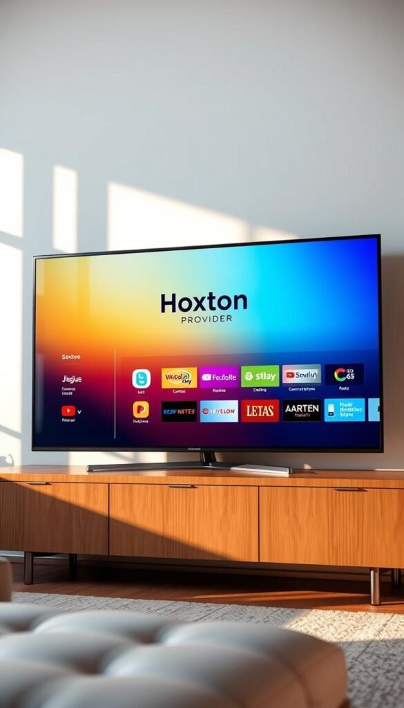 A modern, high-tech smart TV screen displaying a vibrant IPTV streaming interface. The screen showcases the Hoxtoon Provider logo prominently, indicating a premium IPTV service. The interface features a sleek, minimalist design with intuitive controls, crisp high-definition video, and a wide selection of live channels and on-demand content. The scene is illuminated by a soft, natural lighting that creates a warm, inviting atmosphere. The TV is positioned in a contemporary living room setting, with clean lines and neutral tones that complement the screen's visuals. The overall impression is one of a seamless, high-quality IPTV streaming experience on a cutting-edge smart TV.